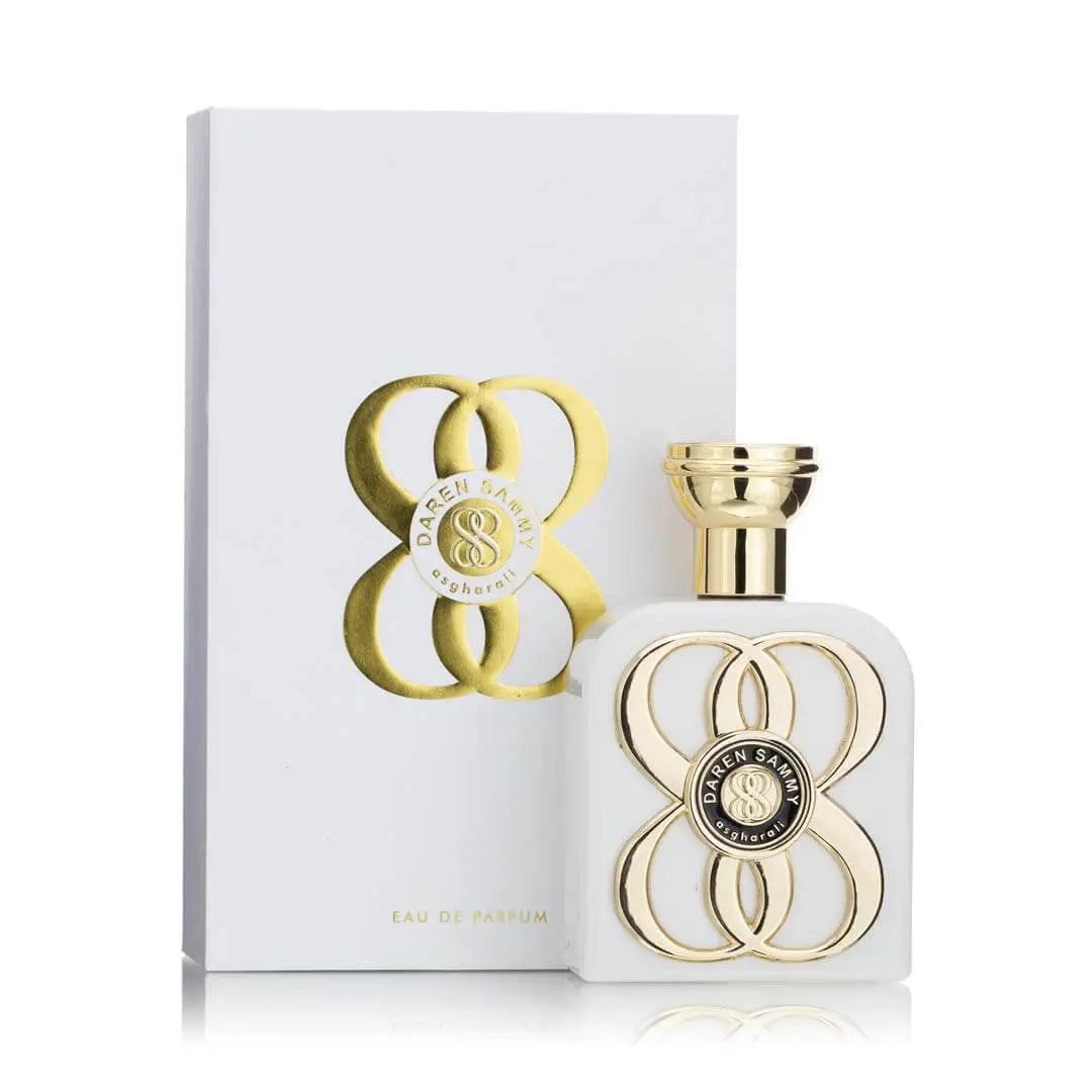 Daren Sammy Eau De Parfum by Asgharali – luxury fragrance bottle with elegant gold detailing and branded box