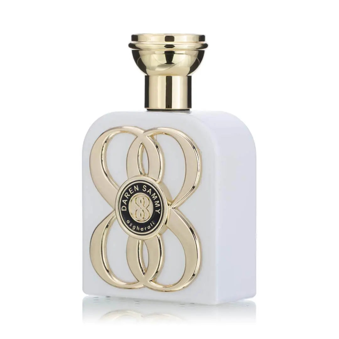 Daren Sammy Eau De Parfum by Asgharali – angled side view of the stylish white bottle with gold accents