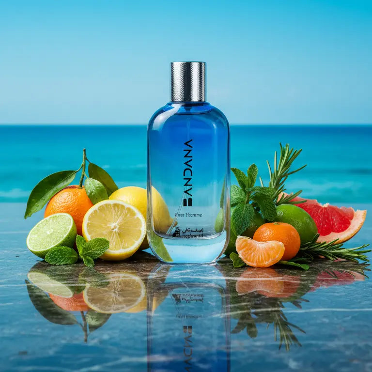 bandana perfume bottle with fruits and herbs on a reflective surface with ocean background